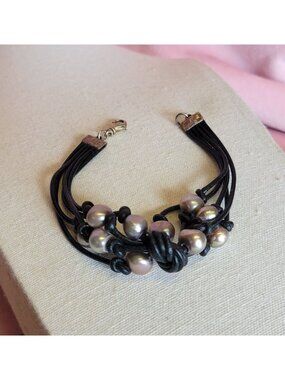 Genuine Baroque Pearl Layered Black Cord Knotted Beaded Bracelet B1A